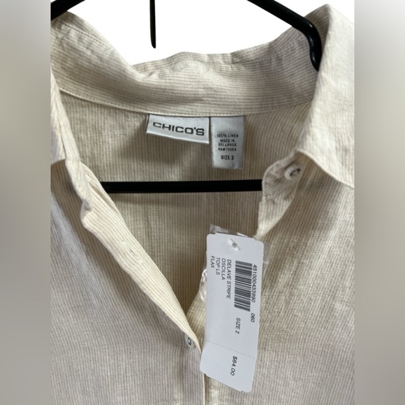 Chicos linen cream button down blouse roll up sleeve with pockets - Picture 3 of 4